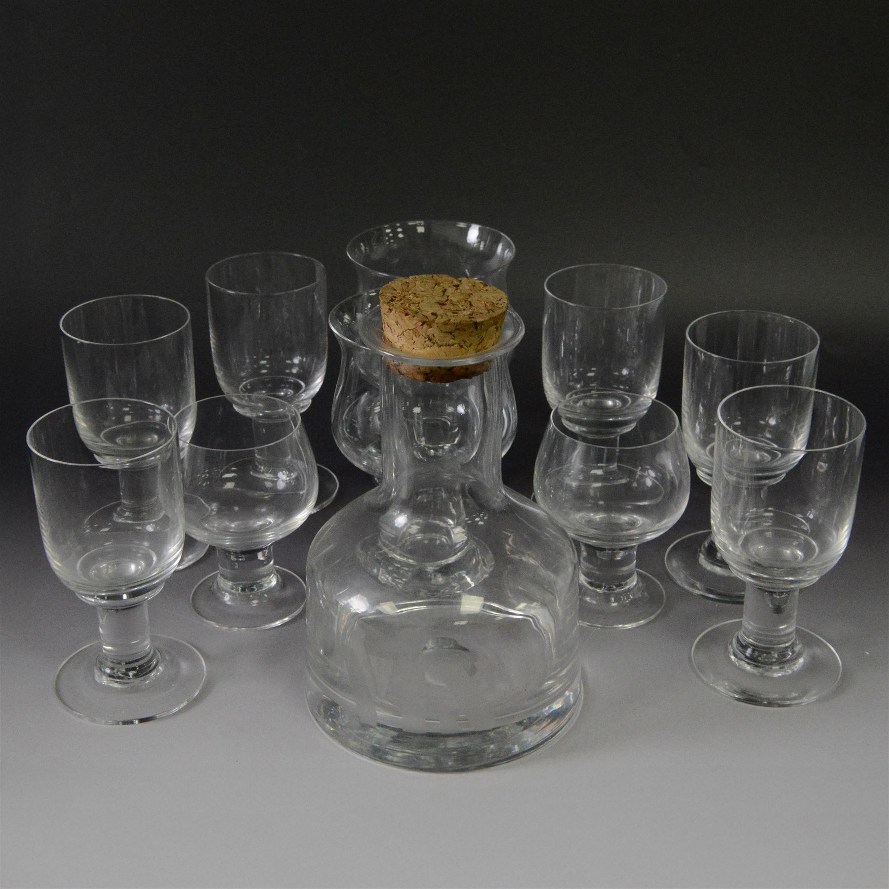 Dartington Crystal pieces designed by Frank Thrower, including claret glasses, Vin decanter, ale glasses and brandy glasses