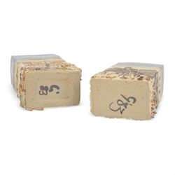 Robin Gough; two studio pottery vases of rectangular chimney vase, each decorated in relief with villages, H15cm 