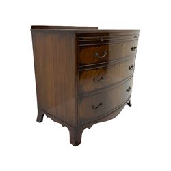 20th century mahogany bow front bachelors chest, moulded top over baize lined slide and three graduating drawers, shaped apron and splayed bracket feet