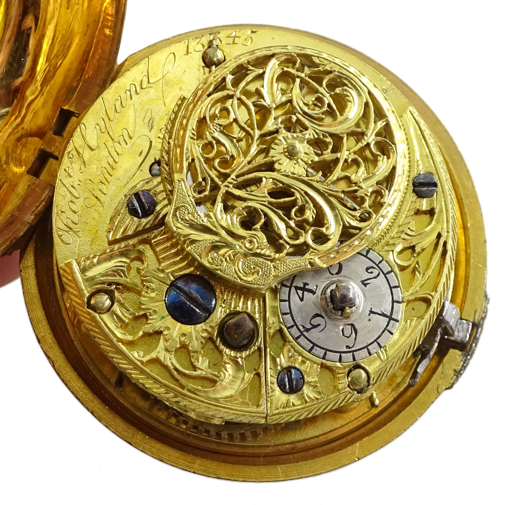 18th century gilt pair cased verge fusee pocket watch by Robert Hyland, London, No. 13345, round baluster pillars, pierced and engraved balance cock, white enamel dial with Roman hours and outer Arabic minute ring, beetle and poker hands, the outer tortoiseshell case with pique work borders