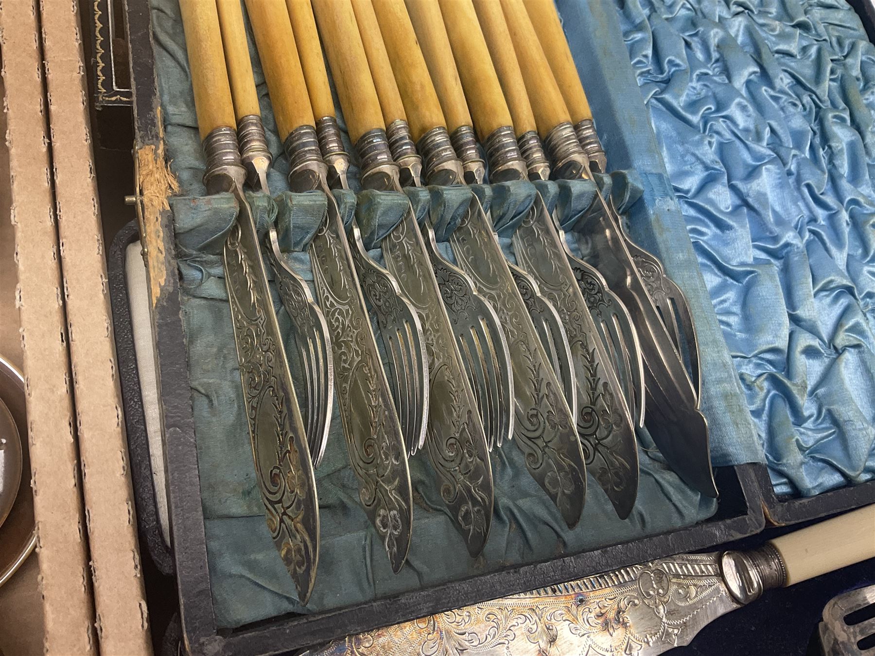 Cased canteen of cutlery, together with set of fish flatware, French teawares etc, in two boxes 