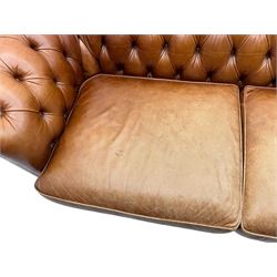 Springvale - large Chesterfield sofa, upholstered in buttoned tan leather, two cushion deep seat, turned bun feet