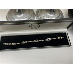 Silver Whitby jet bracelet, Parker Duofold fountain pen with 14ct gold nib, pair of chrome Art deco style candlesticks, wristwatches, costume jewellery and other collectables