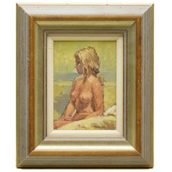 Pat Maclaurin (British 1933-2022): Nude Portrait of a Blonde Female on a Beach, oil on board signed 17cm x 12cm
