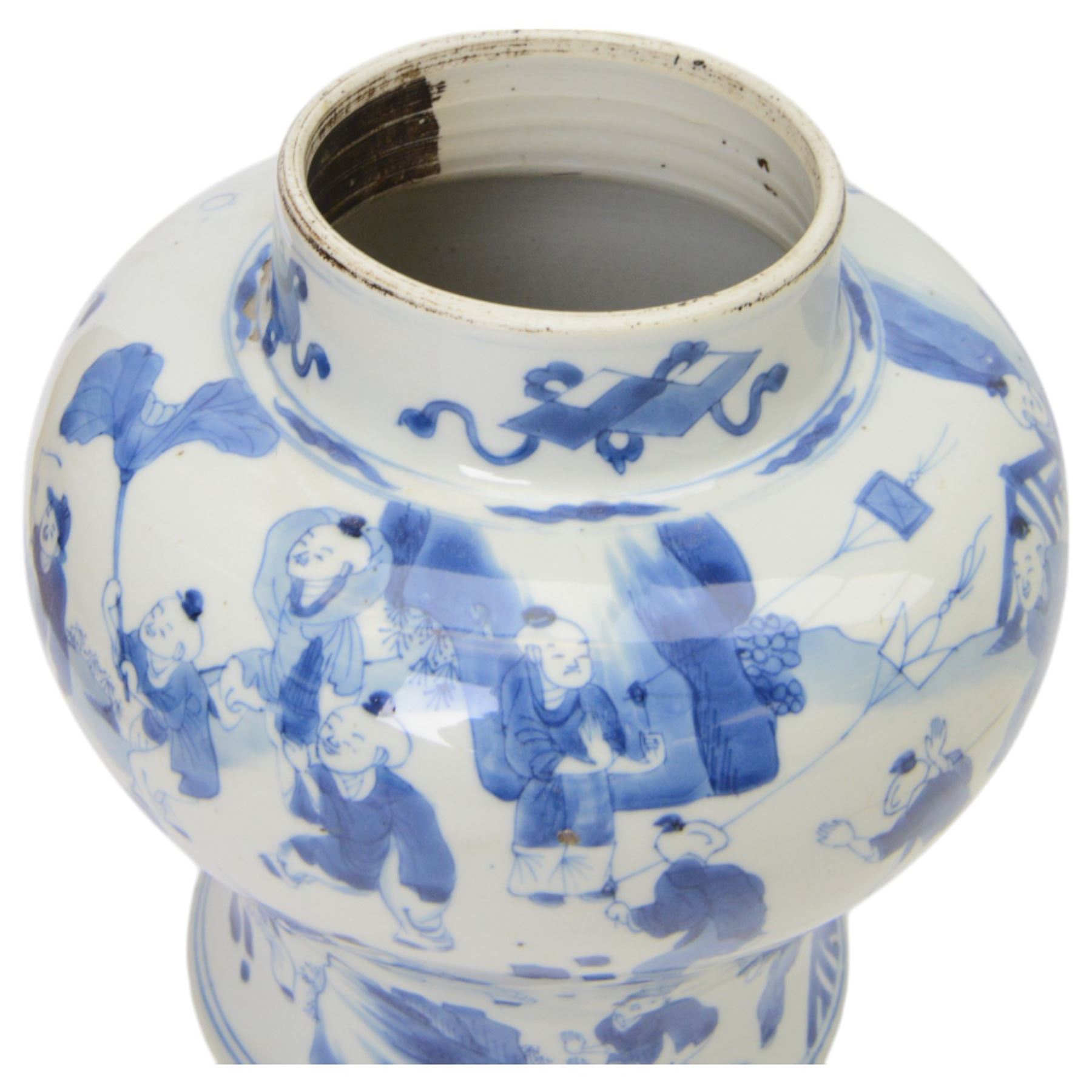 19th century Chinese blue and white jar, of pronounced baluster form, decorated in the Hundred Boys design, with numerous children at play, H23cm

The hundred boys design was a popular theme in Chinese Art employed from the Song period onwards. It expresses the desire to continue the family through male heirs and the performance of filial duties