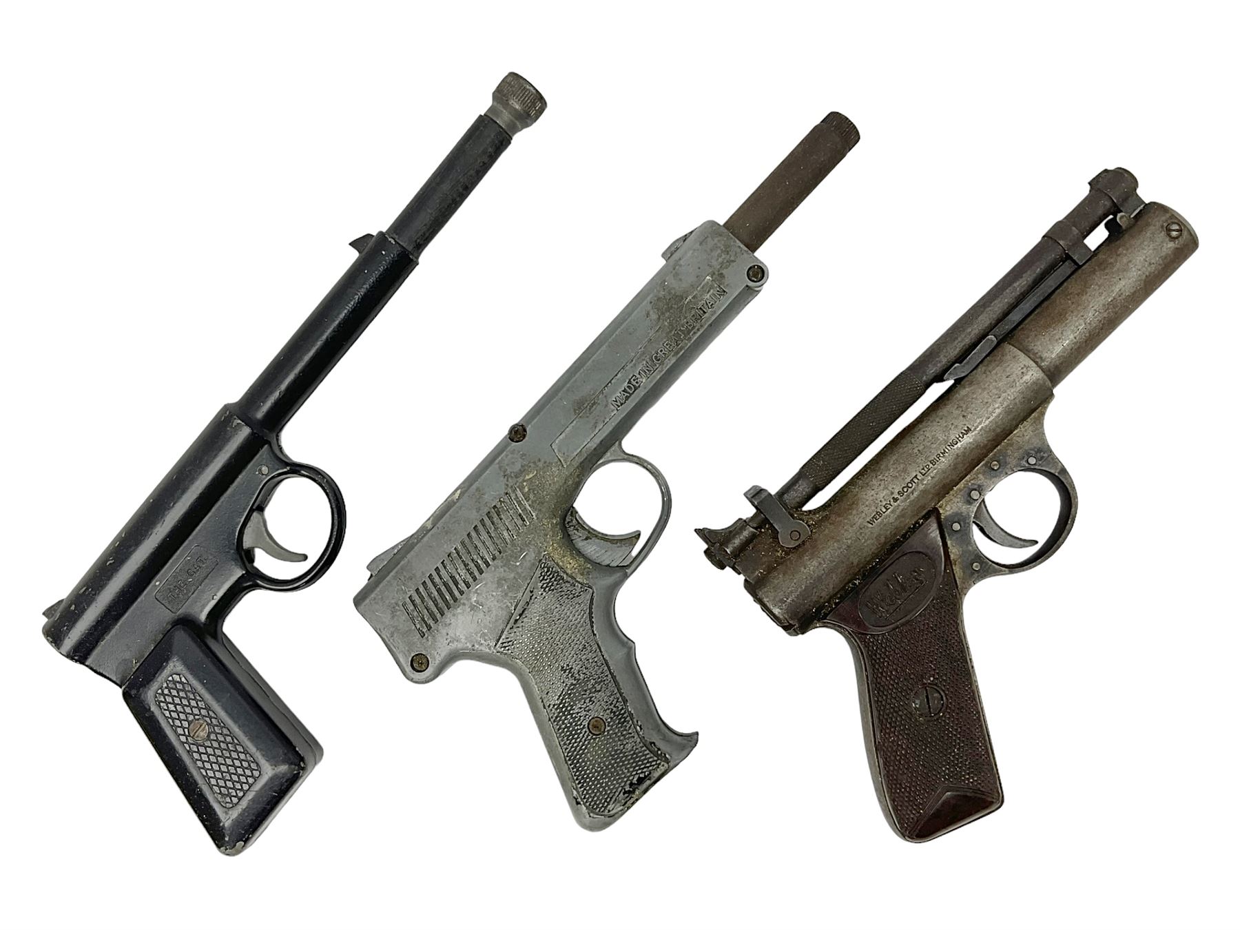 Webley & Scott Premier .177 over lever air pistol, no.2360, with chequered bakelite grip L24cm overall; Diana SP50 .177 plunge barrel air pistol; and T.J. Harrington & Son 'The Gat' .177 plunge barrel air pistol; NB: AGE RESTRICTIONS APPLY TO THE PURCHASE OF THIS LOT (3)