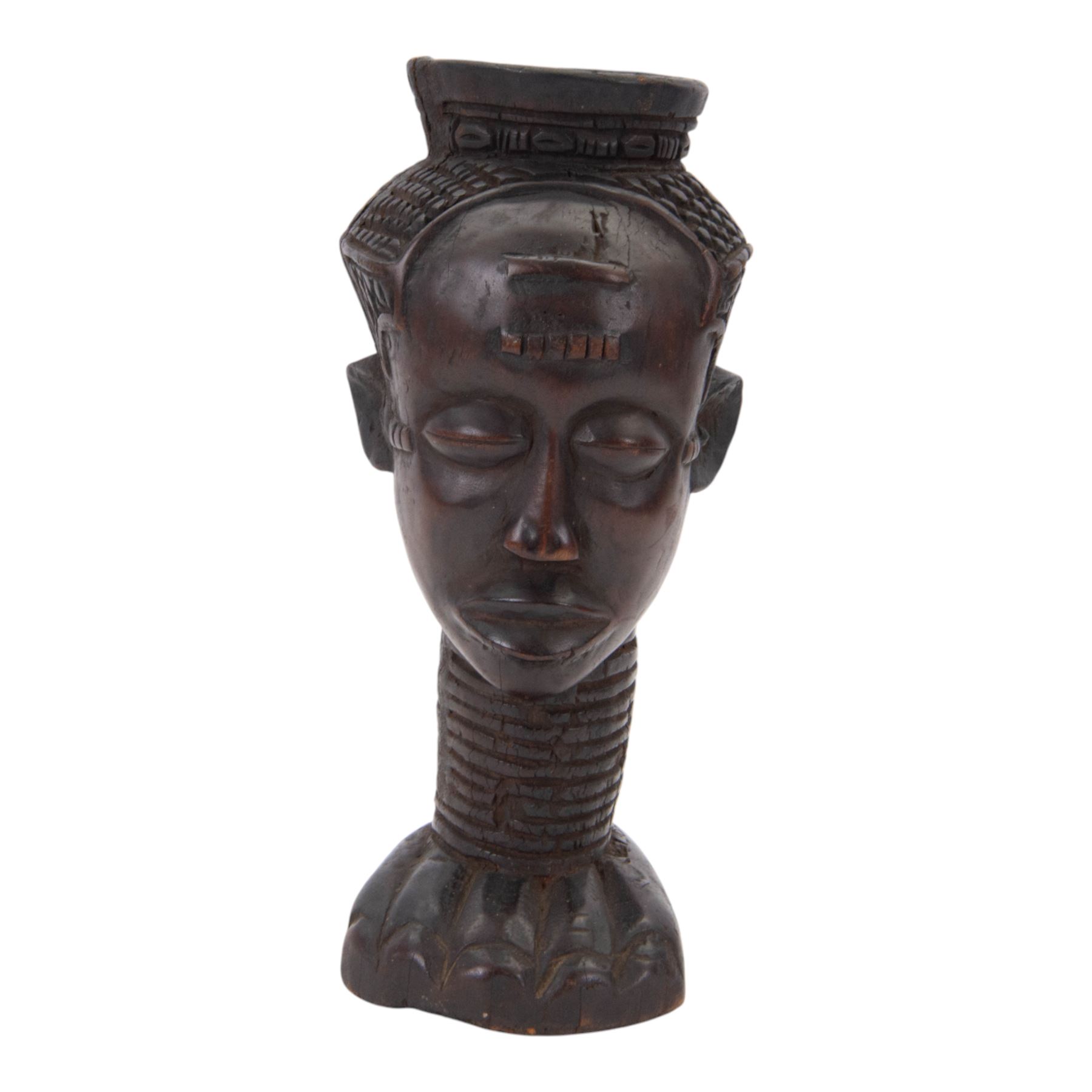Kuba cup, African carved wood wine cup in the form of a female head, H31cm
