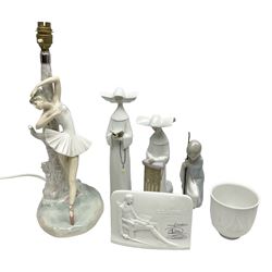 Three Lladro figures, comprising Prayerful Moment no 5500.3, Meditation no 5502.3 and St Joseph no 4672, together with Lladro Columbine Lamp no 4526, Lladro candle holder Sailing the Seas and Lladro Collectors plaque, lamp H36cm 