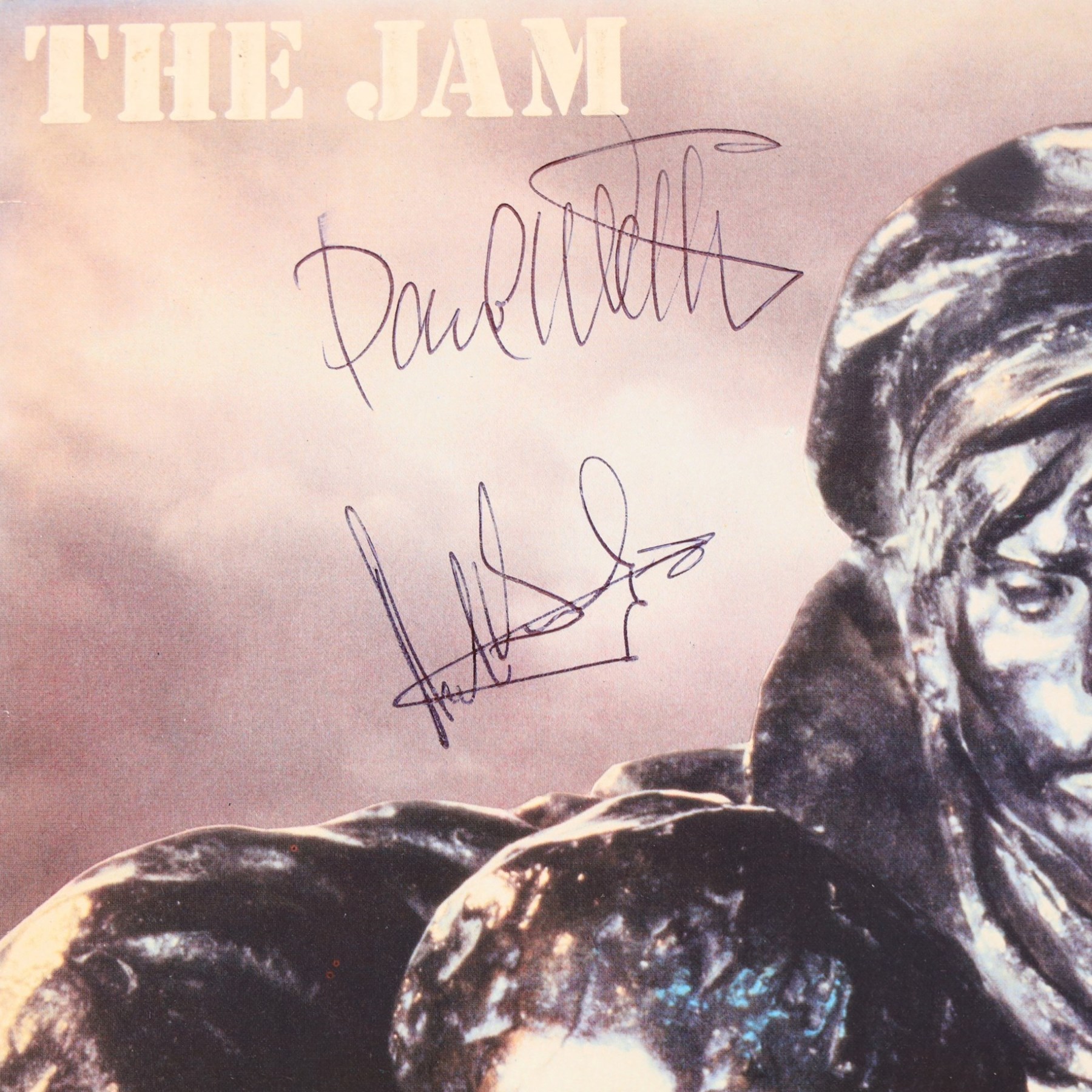 The Jam 'Setting Sons' vinyl record, signed to the front of the sleeve by Paul Weller, Bruce Foxton and Rick Buckler
