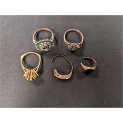 Five 9ct gold rings, all stone set and with split/bent/missing bands