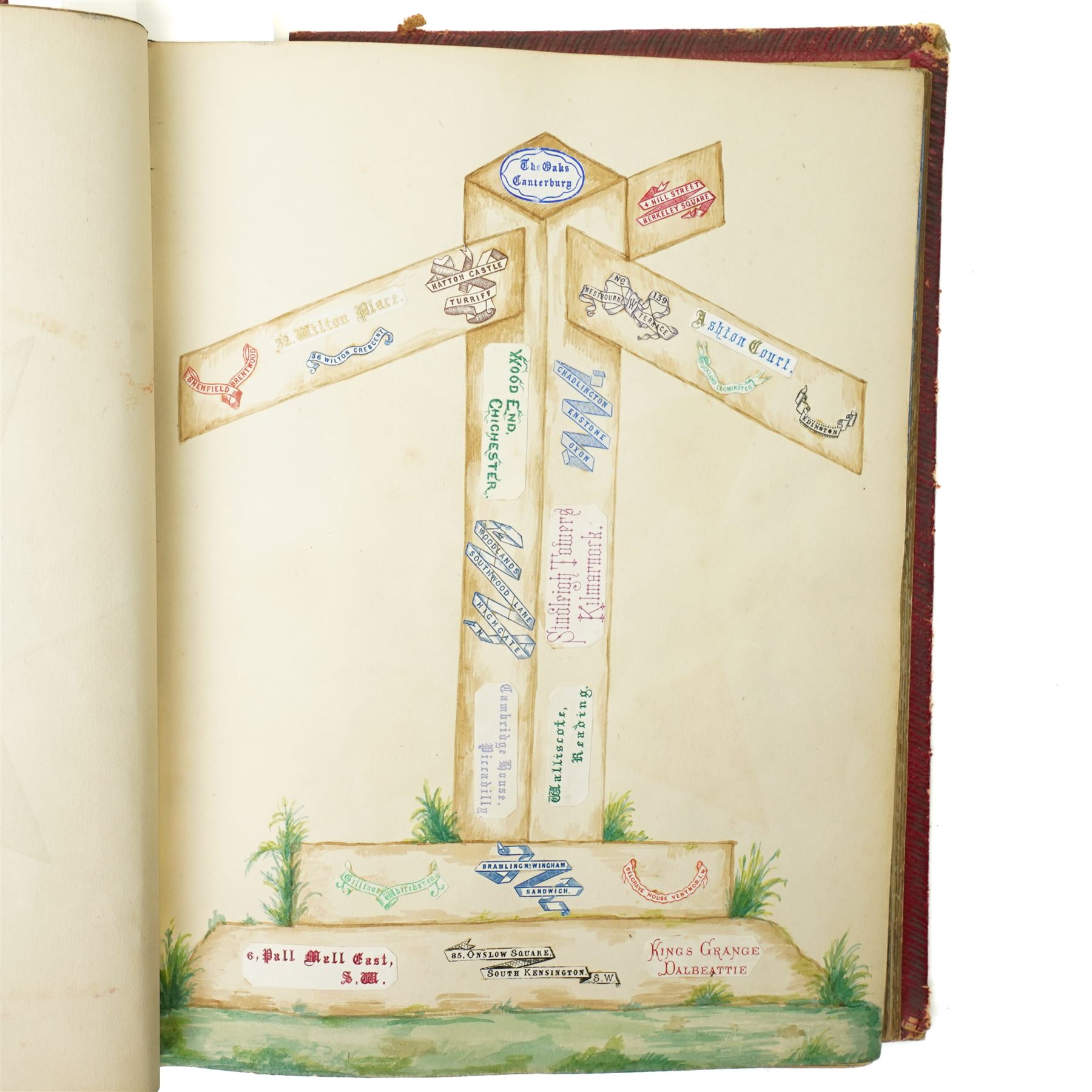 Victorian scrap book intricately worked with scraps heightened in watercolour with crests, military subjects and others on sixty five pages