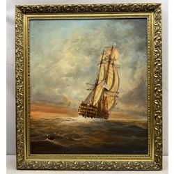 Michael J Whitehand (British 1941-): Galleon at Sunset, oil on canvas signed and dated '79, 72cm x 62cm