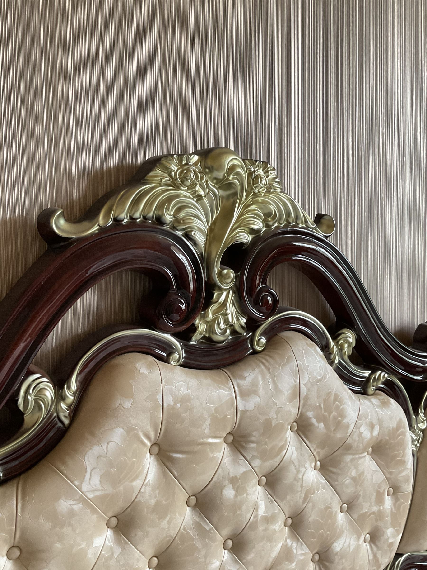 Rococo style 6' Super Kingsize bed, ornate shaped and floral design in wood finish, upholstered buttoned headboard, decorated with scrolled foliate and flower heads, together with mattress