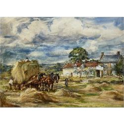 Rowland Henry Hill (Staithes Group 1873-1952): Harvesting at Ellerby, watercolour signed and dated 1927, 27cm x 37cm 
Provenance: with T B & R Jordan Fine Art Specialists, Stockton on Tees, label verso; David Duggleby Ltd 8th December 2017 Lot 115