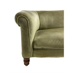 Victorian oak framed two seat drop end settee, upholstered in light green fabric, on turned front feet