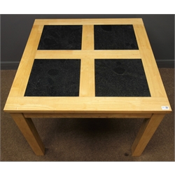  Square beech dining table with four granite inserts, square supports, W90cm, H74cm, D90cm   