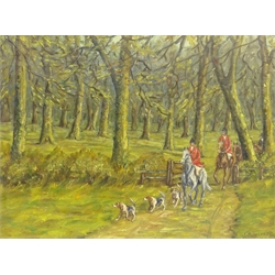 I R Ullyott (British 20th century): 'Hunt in Lowthorpe Wood' and 'River Eamont Penrith', two oils on board signed, one dated 1970, titled on labels verso, max 35cm x 44cm (2)