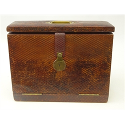  Victorian tooled leather correspondence box with fold down leather writing surface, glass inkwell & oak fitted interior, H23.5cm x W30.5cm   