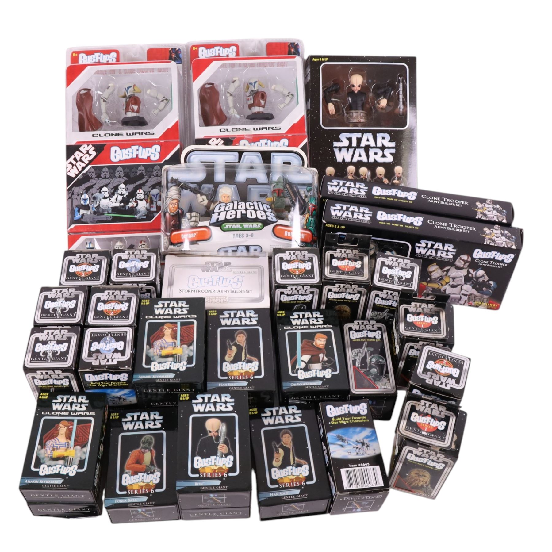 Collection of Gentle Giant Bust Ups Micro Models, including Series 1, Series 2, Series 3, Series 5, Series 6 and Clone Wars examples, together with a Hasbro Star Wars Galactic Heroes Boba Fett and Dengar model set, all boxed