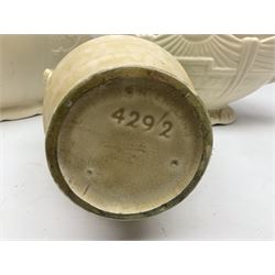 Two Arthur Wood twin handled vases to include one example in the Garden Wall pattern, together with a Beswick Ware merging green, yellow and cream vase, all with marks beneath, tallest H23cm