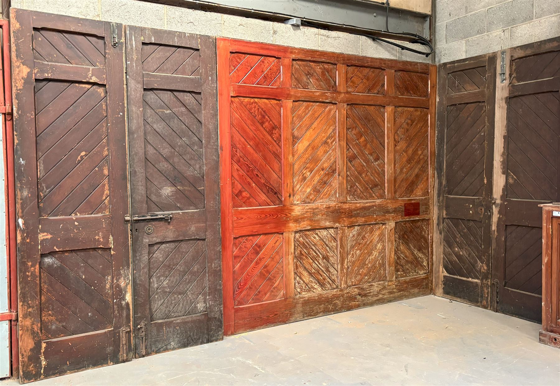 19th century pitch pine room wall panel with fielded herringbone design (228cm x 237cm) complete with two pairs of matching doors (each door H228cm, W67cm)  - COLLECTION BY APPOINTMENT FROM: The White House, Thirsk Road, Easingwold, York, YO61 3NF - CALL 01723 507111 TO ARRANGE