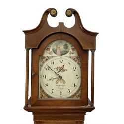 Robert Kneeshaw of Stokesley - 19th century 30 hour mahogany cased longcase clock c1820. with a swans necked pediment and brass paterie, break arch hood door with plain pilasters, inlaid trunk with canted corners, inlay and a wavy topped door, on a rectangular plinth with a shaped base, painted dial with floral spandrels and a depiction of a lady walking in the countryside, with Arabic numerals, non-matching steel hands, calendar aperture and an image of a bird of paradise to the centre, chain driven countwheel striking movement, with weight and pendulum.  