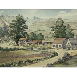George Hewitt (British 19th/20th century): Manor House Landscape, watercolour signed and dated 1894, 26cm x 36cm; English School (20th century): Autumn Field Landscape, gouache indistinctly signed 17cm x 25cm; English School (20th century): Dales Hamlet Landscape, watercolour indistinctly signed 25cm x 33cm (3)