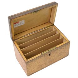 19th century stationery box, with poker work decorated, the sloped lid bearing initials
KEP opening to reveal four letter interior, H13cm