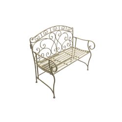 Regency design white finish metal garden bench, strap seat, the arched back pierced with scrollwork decoration, raised on cabriole supports