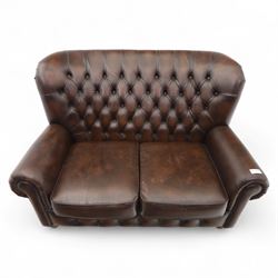 Thomas Lloyd  - two-seater settee, brown leather,  button upholstered back, cushion seats, and wide scrolled arms, raised on bun feet