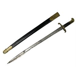 British 1855 pattern 'Sappers & Miners' Lancaster sword bayonet as issued to Medical Corps, the 62cm steel blade marked S&K with various numbers; in brass mounted leather scabbard numbered 1176