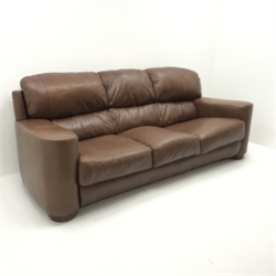 Three seat chocolate faux leather sofa, turned supports, W240cm