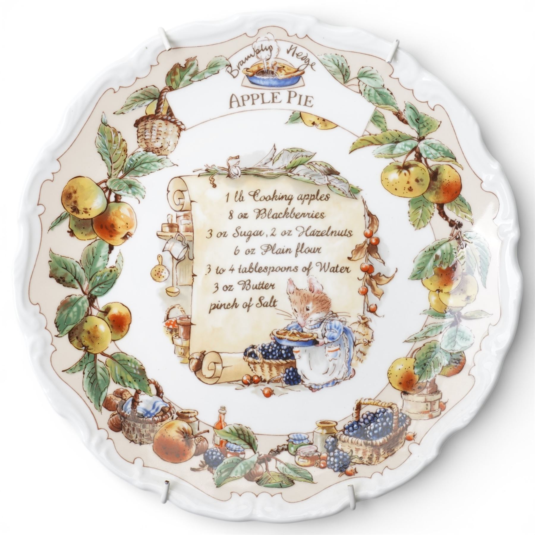 Eight Royal Doulton Brambly Hedge plates from the The Recipe Plate Collection, comprising 'Nettle Soup', 'Strawberry Shortcake', 'Mushroom Tart', 'Apple Pie', 'Elderflower Wine', 'Crystallized Violets', 'Blackberry Sorbet' and 'Honey & Nut Biscuits' (8)