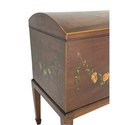 Edwardian mahogany dome-top Canterbury or music cabinet, the lid painted with children in garden scene in floral vignette, the interior fitted with divisions, decorated with floral garlands and rose heads, on square tapering supports with spade feet