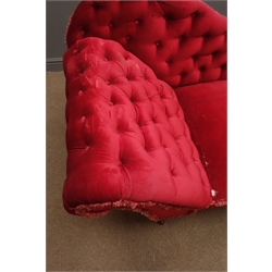  Victorian beech framed chaise longue, serpentine buttoned back in red fabric, turned supports, on castors, L200cm  