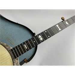 Five-string banjo by Clifford Essex Co. 15A Grafton Street, Bond Street, London W, with mother-of-pearl inlaid ebony fingerboard L92cm; in carrying case with strap