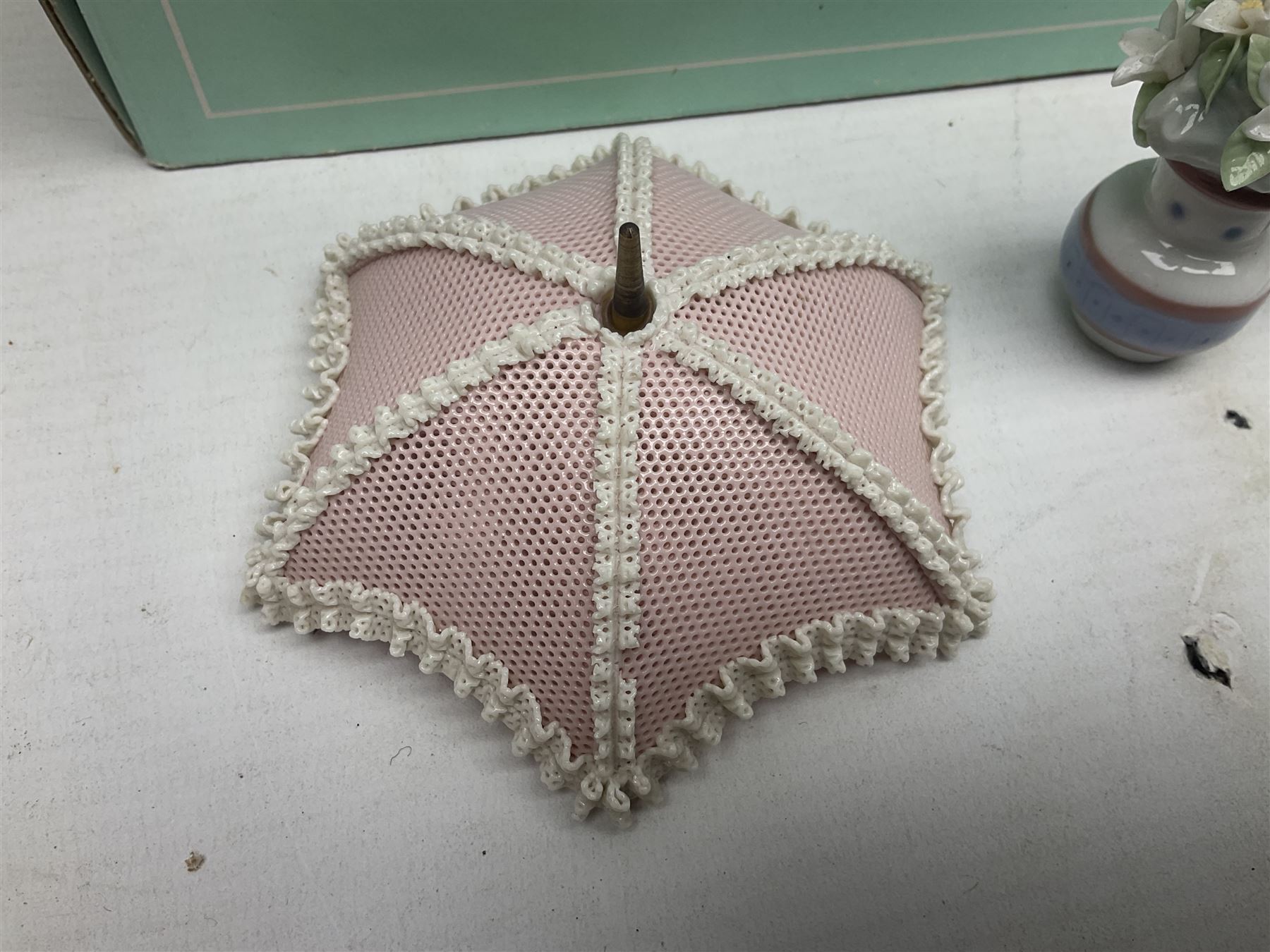 Seven Lladro flowers, comprising Japanese Camelia on base no 5181, Yellow Begonia on base no 5186, Miniature Begonia on base no 5188, Chrysanthemum on base no 5189, California Poppy no 5190.B, Miniature Begonia 5188.B and White Carnation no 5184.B, together with Lladro Spanish Joining pack with 17616 Winter Bell, Additional Lladro parasols and flowers etc 