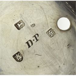 Early George III silver repousse pair cased verge fusee pocket watch by Samuel Weldon, London, No. 24807,  square baluster pillars, pierced and engraved balance cock, white enamel dial with Roman hours and outer Arabic minute ring, Louis XIV hands, bull's eye glass, inner case marked D. P, London 1761, the  outer case depicting figures in a garden setting with scroll borders