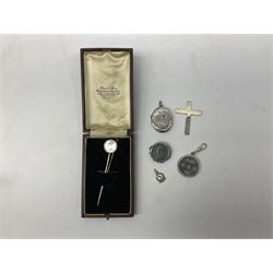 Modern silver locket, modern silver circular pendant, modern silver cross shaped pendant, small 9ct gold and enamel pendant, etc., approximate gross silver weight 40 grams, approximate gold weight 1.3 grams