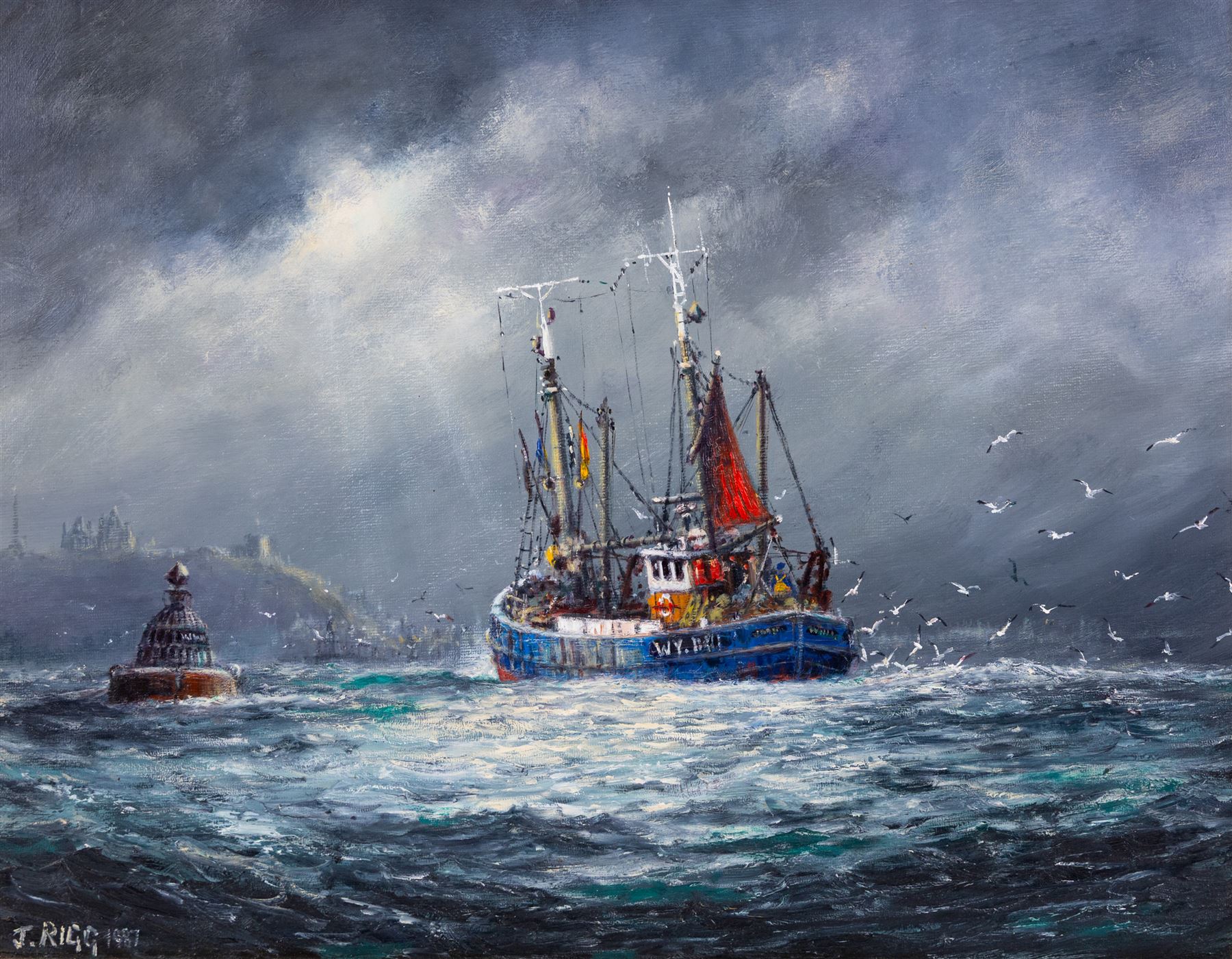 Jack Rigg (British 1927-2023): 'Off Whitby', oil on canvas board signed and dated 1987, titled and dated 1986 verso 34cm x 45cm