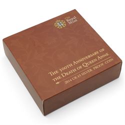 Four The Royal Mint United Kingdom silver proof five pound coins, comprising 2011 'The Royal Wedding', 2013 'The 60th Anniversary Of The Queen's Coronation', 2014 'The 300th Anniversary Of The Death Of Queen Anne' and 2017 'The Sapphire Jubilee Of Her Majesty The Queen', all cased with certificates