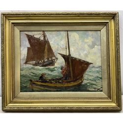 William J Mann (Scarborough early 20th century): 'A Fair Breeze' - Scarborough Yawl and Coble at Sea, oil on panel signed, titled and inscribed 'Newby' verso 33cm x 44cm 
Notes: Mann was a member of the Fylingdales Group of Artists and lived in Newby, Scarborough.