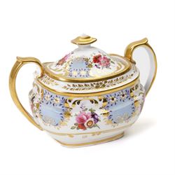 Brown-Westhead, Moore & Co cabinet cup and saucer, with rope twist moulded handle, hand-painted with floral reserves against a white and sky blue ground, heightened profusely with gilt, together with a pink hand-painted example, and a 19th century spill vase and twin-handled covered sucrier (4)