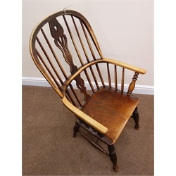 19th century ash and elm Windsor armchair, stick back with shaped and pierced splat, turned supports (W58cm) and a pair Victorian mahogany hall chairs, solid seat, turned supports (W42cm)  