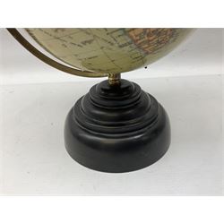 Early 20th Century 'Geographia' 8 inch Terrestrial globe, 167 Fleet Street London, mounted on a brass half meridian and raised on stepped brown Bakelite base, H30cm