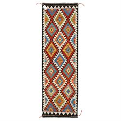 Chobi flatweave kilim runner, with a repeating stepped diamond medallion design in ivory, ...