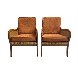 Pair cherry wood bergere armchairs, cane work back and sides, with upholstered loose cushions 