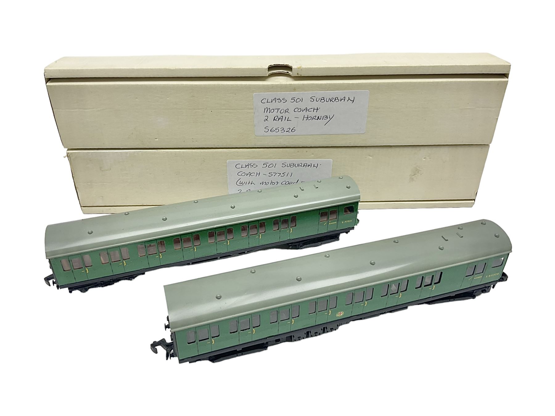 Hornby Dublo - 2-rail two car BR(S) set comprising Class 501 Suburban Motor Coach No.S65326 and trailer coach No.S77511; both in later unassociated plain boxes (2)