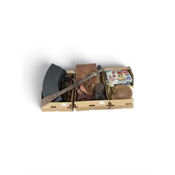 Cased display of miniature musical instruments, together with wooden carvings and other it...
