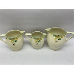 Collection of 1930s ceramics, comprising Shorter & Son jug with bird handle, set of three J.H.W & Sons graduating jugs, Clarice Cliff My Garden pattern vase and Celtic Harvest pattern cake plate and a Burleigh Ware sandwich plate set, bird jug H21cm